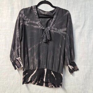 Monrow 100% Silk Black Tie Dye Tie Front Blouse - Medium
